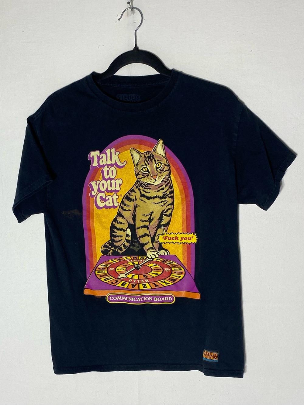 Steven Rhodes Talk To Your Cat Ouija Board Black Graphic T Shirt M Retro Tee